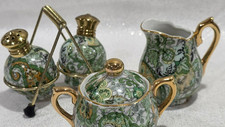 Vintage Enesco Green & Gold Paisley Creamer/Sugar Salt/Pepper Condiment Set picture