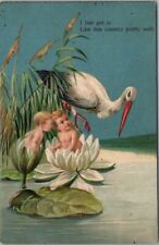 Birth Announcement Embossed Postcard STORK & Babies / Lotus Flowers -1911 Cancel picture