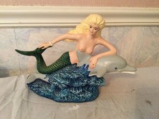 Vintage Mermaid Blue Ocean Grey Dolphins 10 Inch Resin Figurine picture