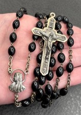VTG Black Oval Wood Bead Gothic Style Rosary Crucifix Necklace Silver Tone 28” picture