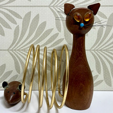 Vintage Wooden Cat & Mouse Spiral Letter Holder Mid Century Desk Organizer Japan picture