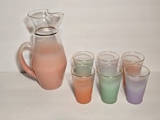 Blendo Juice Pitcher & 6 Glasses Tumblers Gold Trim Frosted Beverage Set Vintage picture