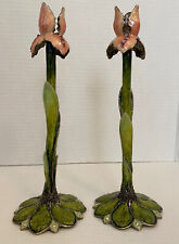 Pair of Jeweled Iris Candlesticks  Metal Pink And Green. Quest Gift And Design picture