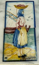 Vintage European Hand-Painted Art Tile(s) Signed, Woman Carrying Fish  picture