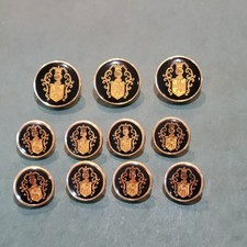 Vintage Heraldic Crest 11-piece Button Set Black Enamel Gold Lion Shield Crown picture