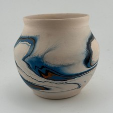 Nemadji Pottery Vintage Marbled Blue Swirl Vase Indian River USA 4.5 Inch picture