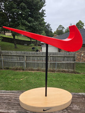 Vintage Nike Red Swoosh Advertising Store Display Stand w/ Natural Wood Base picture
