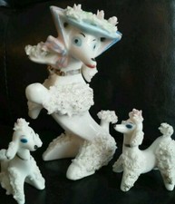Spaghetti Poodle Figurine Family vtg 1950s Mother and Pups Bonnets Roses picture