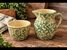 Robinson Ransbottom Green Spongeware Sugar Bowl Creamer Set Vintage NOS RRP picture