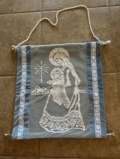 Vtg Handmade Filet Crochet Lace Panel On Blue Velvet Wall Hanging Baby Jesus picture