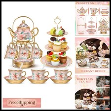 21 Pcs Porcelain Tea Set with 3 Tier Dessert Stand, Pink, Spring picture