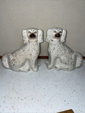 Pair Antique 19th C White English Staffordshire Spaniel Mantle Dog Pair 8.5” picture