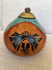 Signed Hand Painted Southwestern Art Gourd Turquoise Inlay Style 7” Folk Art picture