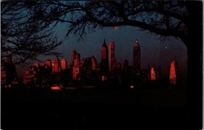 Vintage NYC Skyline at Night Lower Manhattan Governor's Island Postcard picture