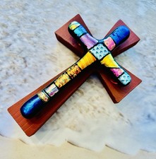 SPECTACULAR UNIQUE FUSED DICHROIC WALL CROSS-MOUNTED ON WOOD CROSS&HAND ETCHED picture