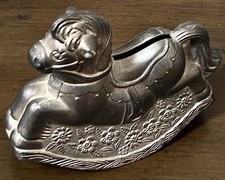 Vtg Leonard Silver Plate Rocking Horse Coin Piggy Bank 1970s Nursery Baby Gift picture