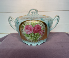 Antique Biscuit Cracker Jar - Pastel Blue - Gold Trim - Roses and Grapes  picture