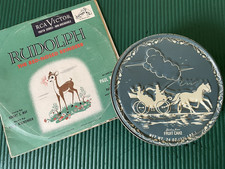 Shirley Jean Vintage Fruit Cake Cookie Tin and RCA Victor Rudolph Record picture