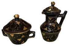 Vintage Brena Oaxaca Mexico Gold & Black Pottery Geometric Sugar & Creamer picture