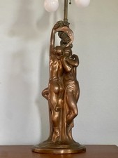 ART DECO PAUL HERZEL EMBRACED LOVERS BRONZE TABLE LAMP MOON OWL picture