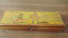 Antique WOODEN PENCIL Box + ITEMS INSIDE VERY OLD Good Graphics picture