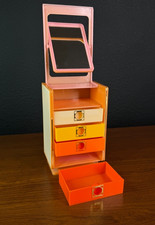Vintage 1970s jewelry box drawers mirror plastic orange vanity trinket picture