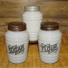 Vint Hazel Atlas Beehive Stovetop Flour Sugar Salt Shakers Lot of 3 Black Script picture