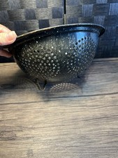 Vintage Enamel metal Strainer Graniteware Black Speckled Footed Sifter  picture