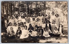 RPPC Large Group of Children School Outing in Woods Real Photo Postcard c1910 picture