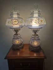 Vintage Hand Painted Beautiful Hurricane Lamps GWTW Set Of 2 Blue/ White Floral picture