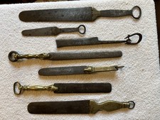 VINTAGE ANTIQUE LOT OF 7 BRASS/WROUGHT IRON HIDE/DOUGH SCRAPER TOOL picture