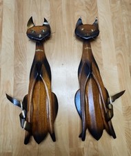 Vintage Pair MCM Mid Century Modern Large Wooden Wall Hanging Cats Cool picture