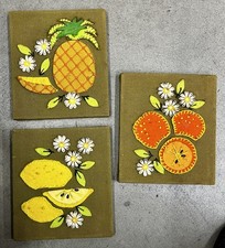 Vtg 70s Felt Applique Kitsch Art Fruit Wall Decor Set 3 Pineapple Lemon Orange  picture