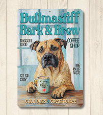 Bullmastiff Coffee Bar Sign Bark & Brew funny metal tin man cave dog wall art picture