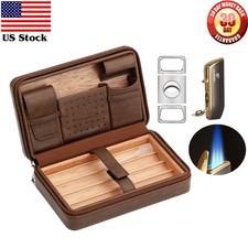 Brown Cedar Wood Leather Cigar Humidor Case Cutter 3 Jet Torch Lighter Travel picture