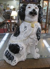 Antique Seated Staffordshire Black & White Spaniel Dog Artist Signed 12 1/4