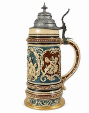 Antique Dümler & Breiden German Beer Stein #366 Relief Gilt Base Pewter Lid 12” picture