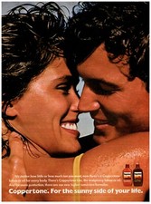 PRINT AD, 1985 Coppertone Lite Suntan Lotion 80's Sexy Dark Hair Couple Embrace picture