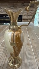 Vintage Vero Onix Brass Alabaster Marble Ewer Pitcher Vase Italy 10” Mid Century picture