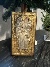 Vtg Hand Carved ANGEL PLAQUE Ornament Decoupage Gold Hanging Wooden Gift Idea picture