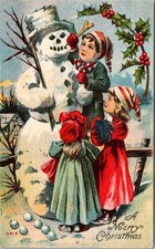 1907-10's A MERRY CHRISTMAS CHILDREN build SNOWMAN ANTIQUE VICTORIAN POSTCARD picture