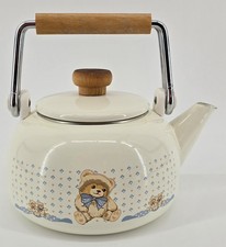 Vtg Tienshan Country Bear Theodore Tea Kettle W/ Handle Ivory Blue Farmhouse 90s picture
