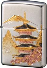 Zippo Japanese Kyoto Temple Five-storied Pagoda Mt. Fuji Japan Silver Lighter picture
