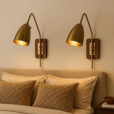 Pair of Mid Century Adjustable Modern Wall Sconces Brass Cone Home Offices. picture