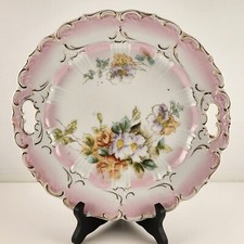 Bavarian Floral Serving Plate Pink White Handled Scalloped Gold Gilt 11