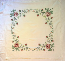 Vintage 1980s Needlework Pink Roses Floral Heavy Cotton Tablecloth 33