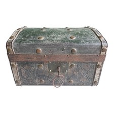 Antique American Green Leather Covered Lock Box Dome Top Chest picture