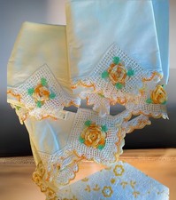 Vtg Crocheted Full  Sheet & 2 Pillowcases 80x95’’ Yellow Raised Flowers 3 Piece picture