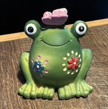 Resin Happy Frog Figurine w/ Pink Butterly & Flowers Indoor Plant Decor 3.5