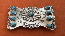 VTG Native USA Signed MP Stamped Sterling Silver Turquoise Cluster Belt Buckle picture